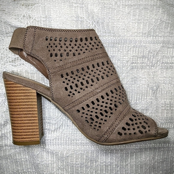 Taupe Peep Toe Cutout Slingback Suede High Heel Booties - Picture 2 of 7